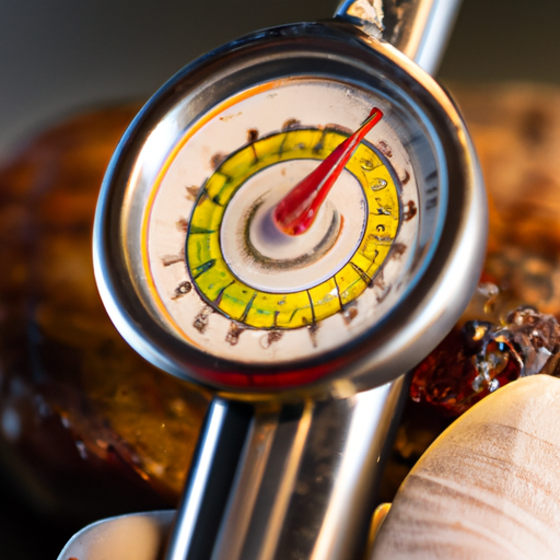 A meat thermometer inserted into a juicy steak to monitor internal temperature