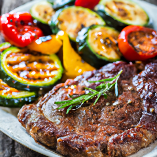 Juicy grilled steak with grill marks served with vegetables