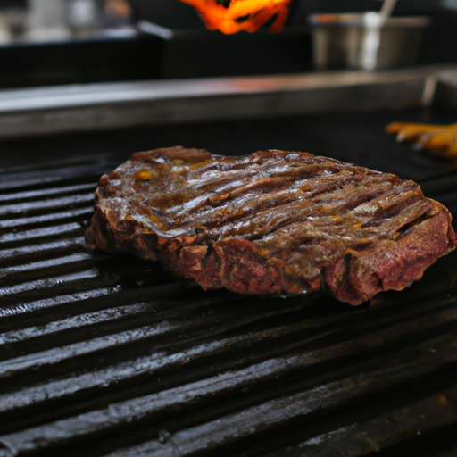 A sizzling grilled steak with grill marks, ready to be served.