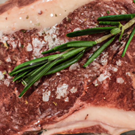 A close-up of a raw steak seasoned with salt, pepper, and herbs