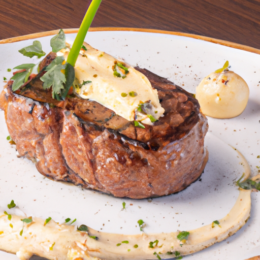 Tender steak topped with a garlic butter sauce, garnished with fresh herbs